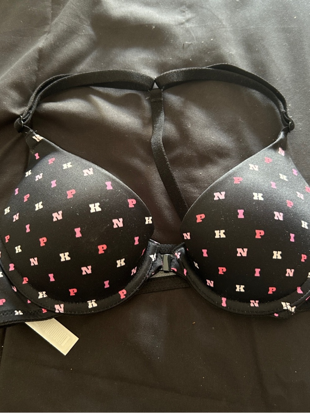 PINK Victoria's Secret Black T-Shirt Bra with Pink & White Logo Print